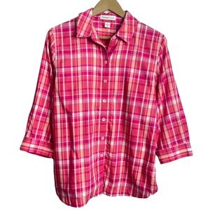 Coldwater Creek Pink Plaid Button Front 3/4 Sleeve Shirt Size XS